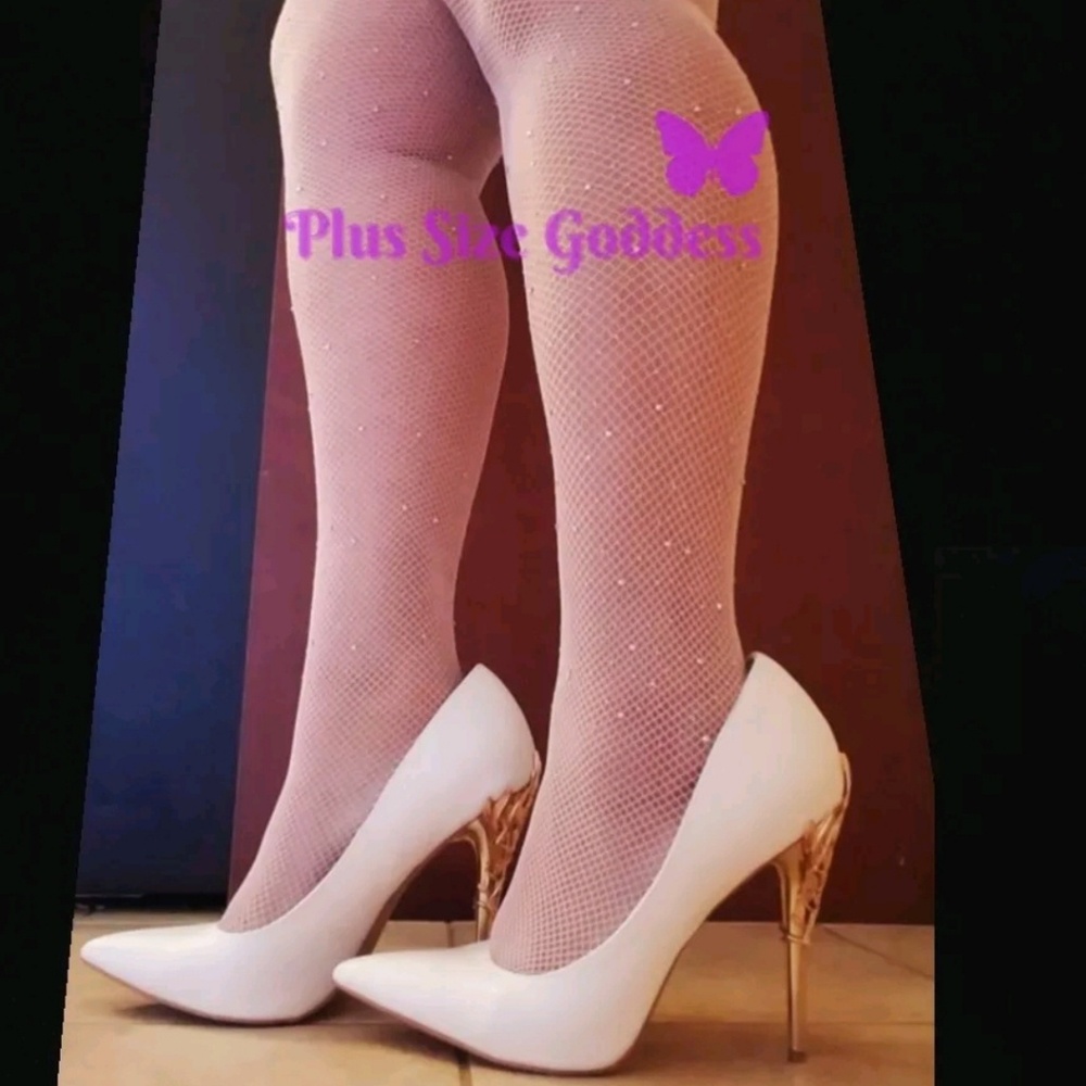 Plus Size Rhinestone Garter fishnets #310 White